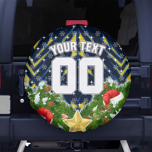 Personalised Cowboys Rugby Christmas Spare Tire Cover Santa Rugby Mascot - Pine Wreath Festive