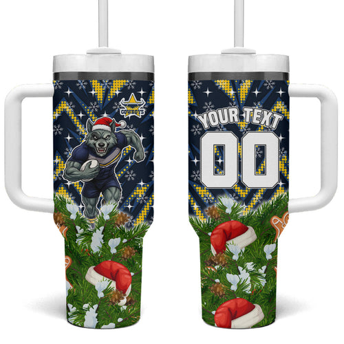 Personalised Cowboys Rugby Christmas Tumbler With Handle Santa Rugby Mascot - Pine Wreath Festive