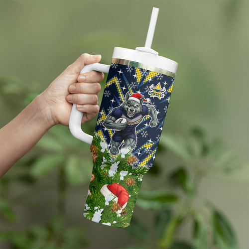 Personalised Cowboys Rugby Christmas Tumbler With Handle Santa Rugby Mascot - Pine Wreath Festive