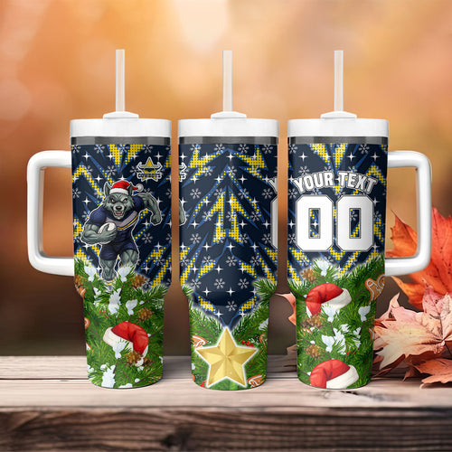 Personalised Cowboys Rugby Christmas Tumbler With Handle Santa Rugby Mascot - Pine Wreath Festive