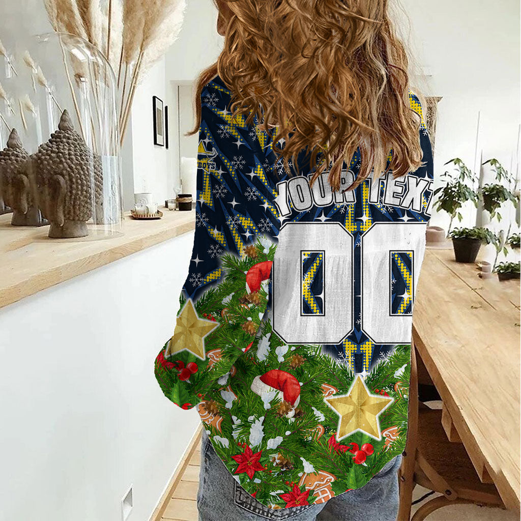 Personalised Cowboys Rugby Christmas Women Casual Shirt Santa Rugby Mascot - Pine Wreath Festive