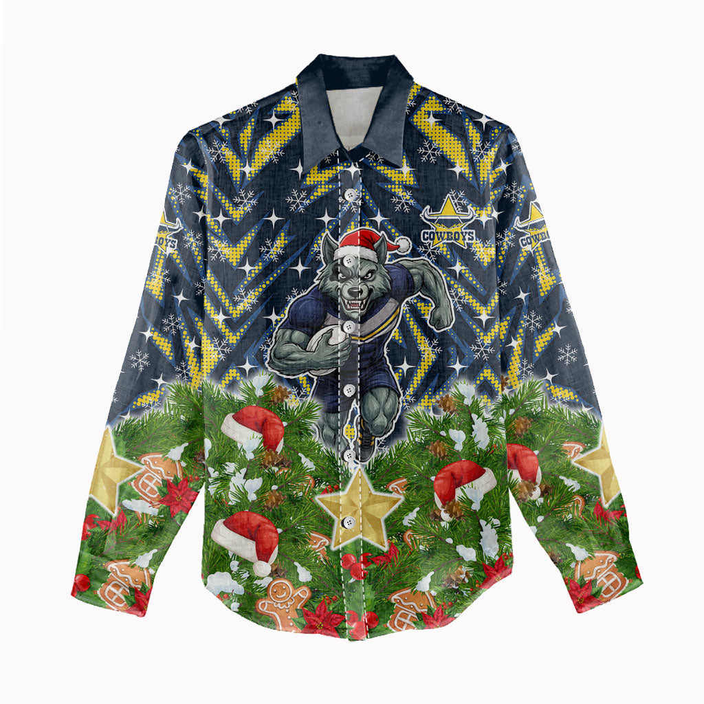 Personalised Cowboys Rugby Christmas Women Casual Shirt Santa Rugby Mascot - Pine Wreath Festive