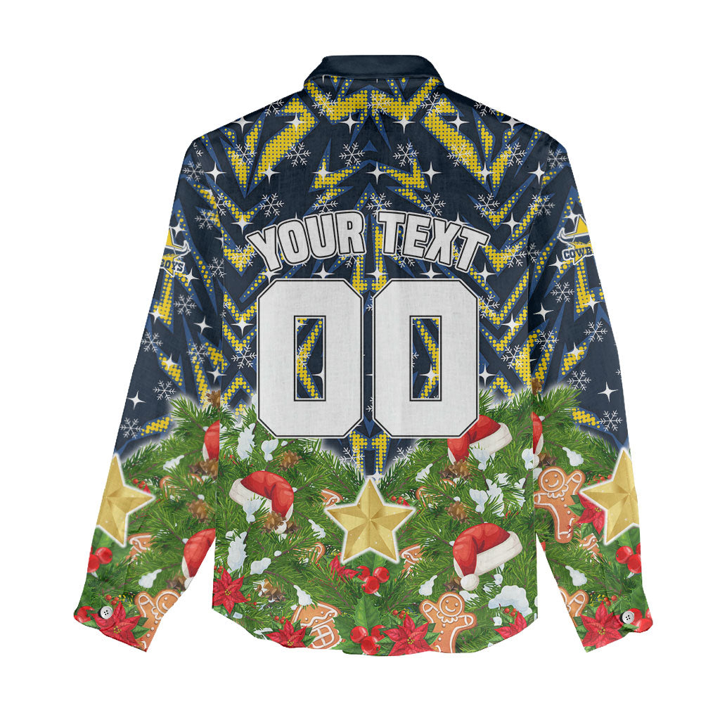 Personalised Cowboys Rugby Christmas Women Casual Shirt Santa Rugby Mascot - Pine Wreath Festive