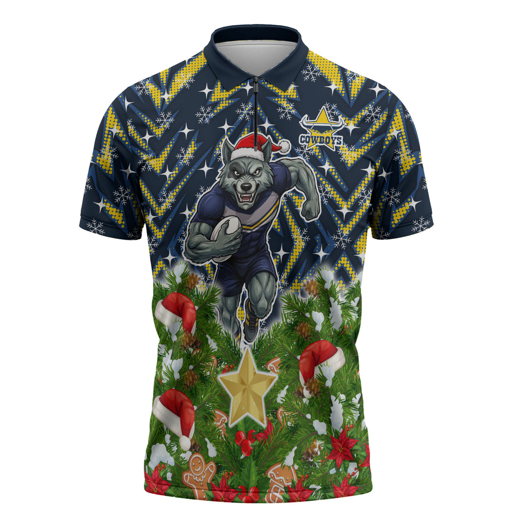 Personalised Cowboys Rugby Christmas Zipper Polo Shirt Santa Rugby Mascot - Pine Wreath Festive