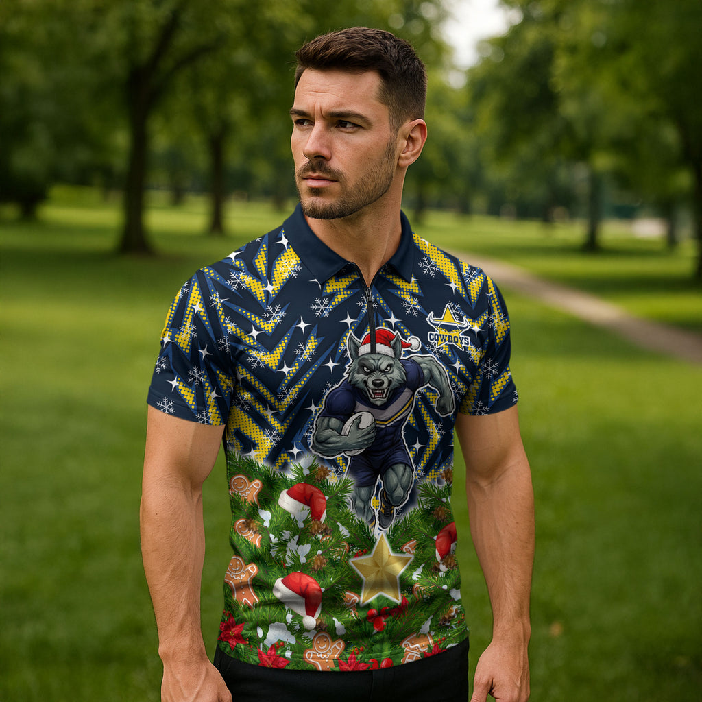 Personalised Cowboys Rugby Christmas Zipper Polo Shirt Santa Rugby Mascot - Pine Wreath Festive