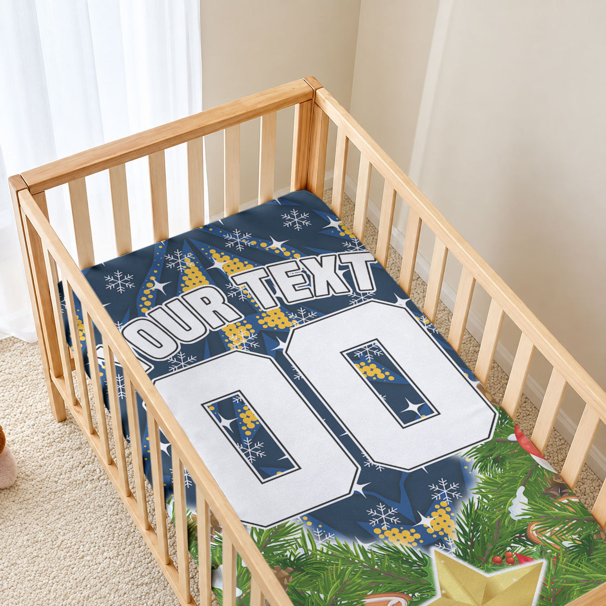Personalised Parramatta Eels Rugby Christmas Baby Bed Cover Santa Rugby Mascot - Pine Wreath Festive