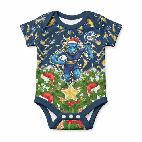 Personalised Parramatta Eels Rugby Christmas Baby Onesie Santa Rugby Mascot - Pine Wreath Festive