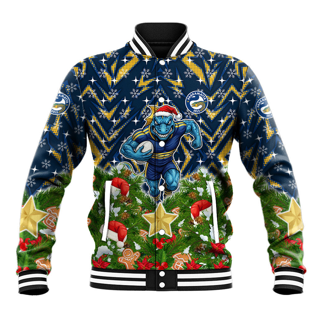 Personalised Parramatta Eels Rugby Christmas Baseball Jacket Santa Rugby Mascot - Pine Wreath Festive