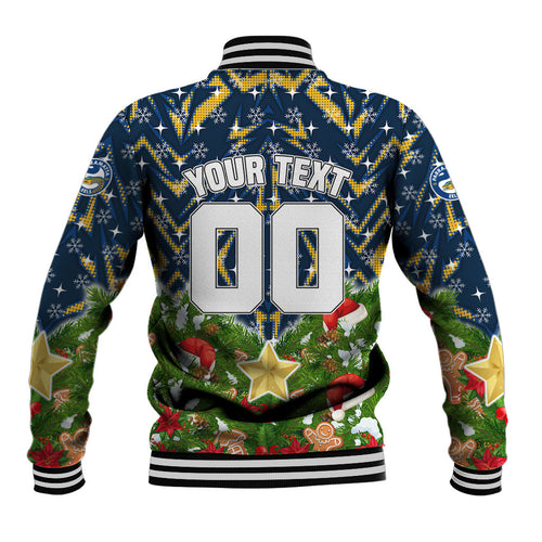 Personalised Parramatta Eels Rugby Christmas Baseball Jacket Santa Rugby Mascot - Pine Wreath Festive