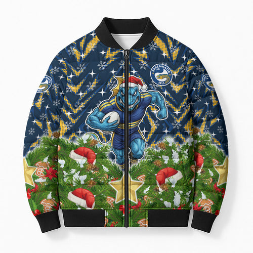 Personalised Parramatta Eels Rugby Christmas Bomber Puffer Jacket Santa Rugby Mascot - Pine Wreath Festive