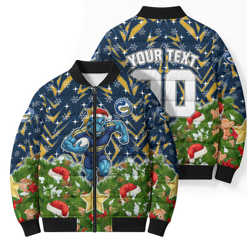 Personalised Parramatta Eels Rugby Christmas Bomber Puffer Jacket Santa Rugby Mascot - Pine Wreath Festive