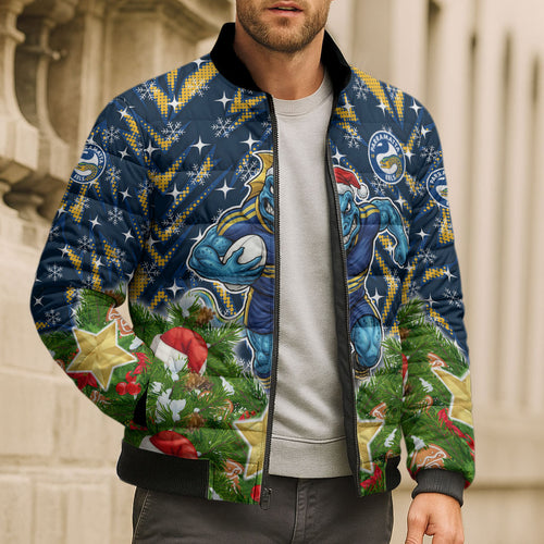 Personalised Parramatta Eels Rugby Christmas Bomber Puffer Jacket Santa Rugby Mascot - Pine Wreath Festive