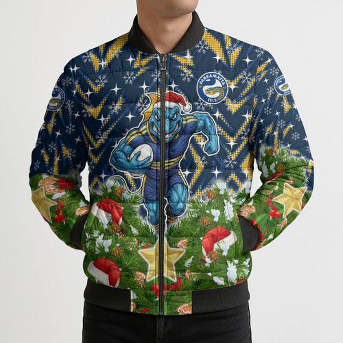 Personalised Parramatta Eels Rugby Christmas Bomber Puffer Jacket Santa Rugby Mascot - Pine Wreath Festive