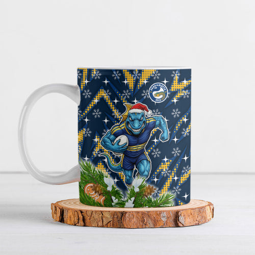 Personalised Parramatta Eels Rugby Christmas Ceramic Mug Santa Rugby Mascot - Pine Wreath Festive