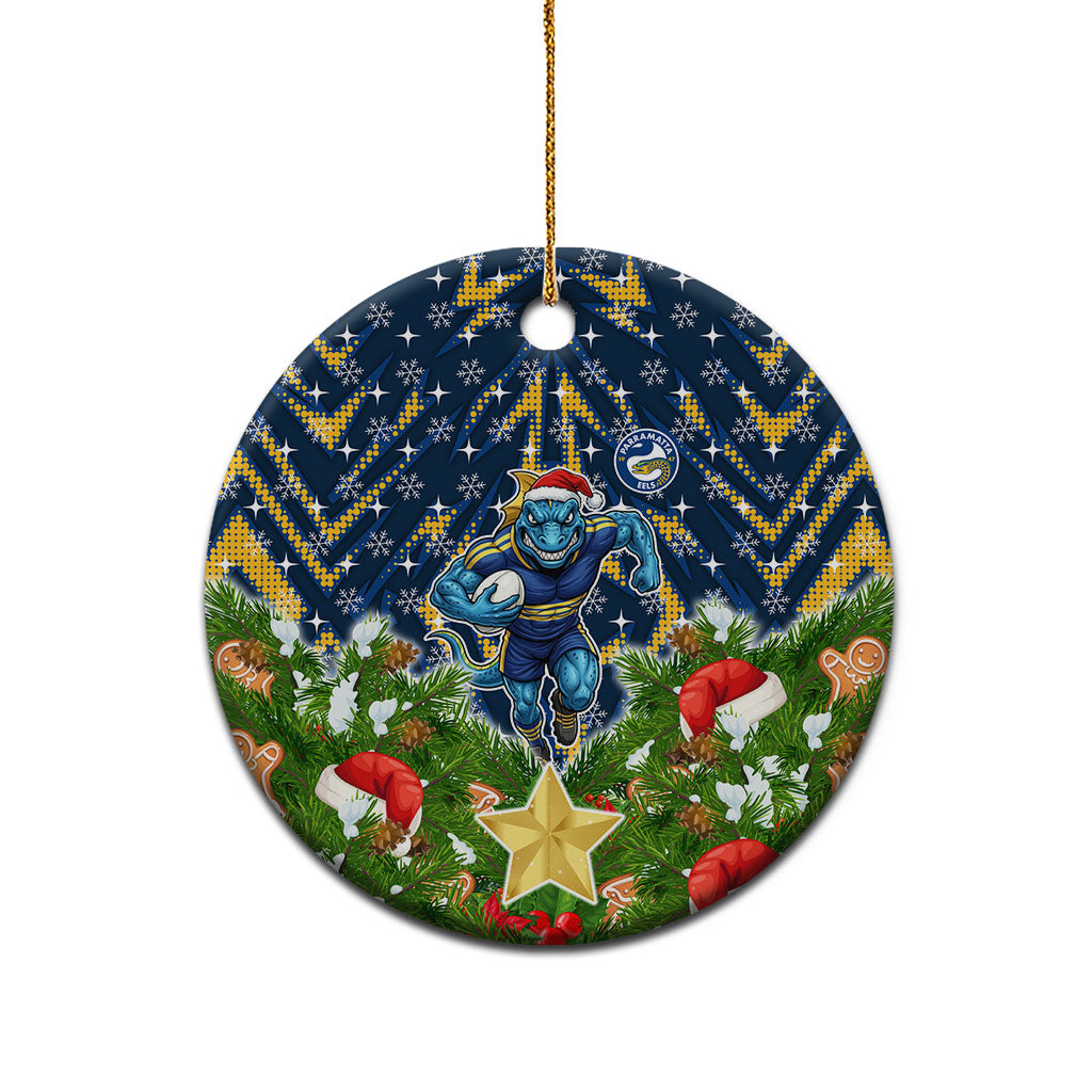 Parramatta Eels Rugby Christmas Ceramic Ornament Santa Rugby Mascot - Pine Wreath Festive