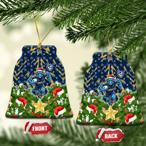 Parramatta Eels Rugby Christmas Ceramic Ornament Santa Rugby Mascot - Pine Wreath Festive