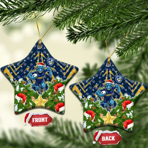 Parramatta Eels Rugby Christmas Ceramic Ornament Santa Rugby Mascot - Pine Wreath Festive