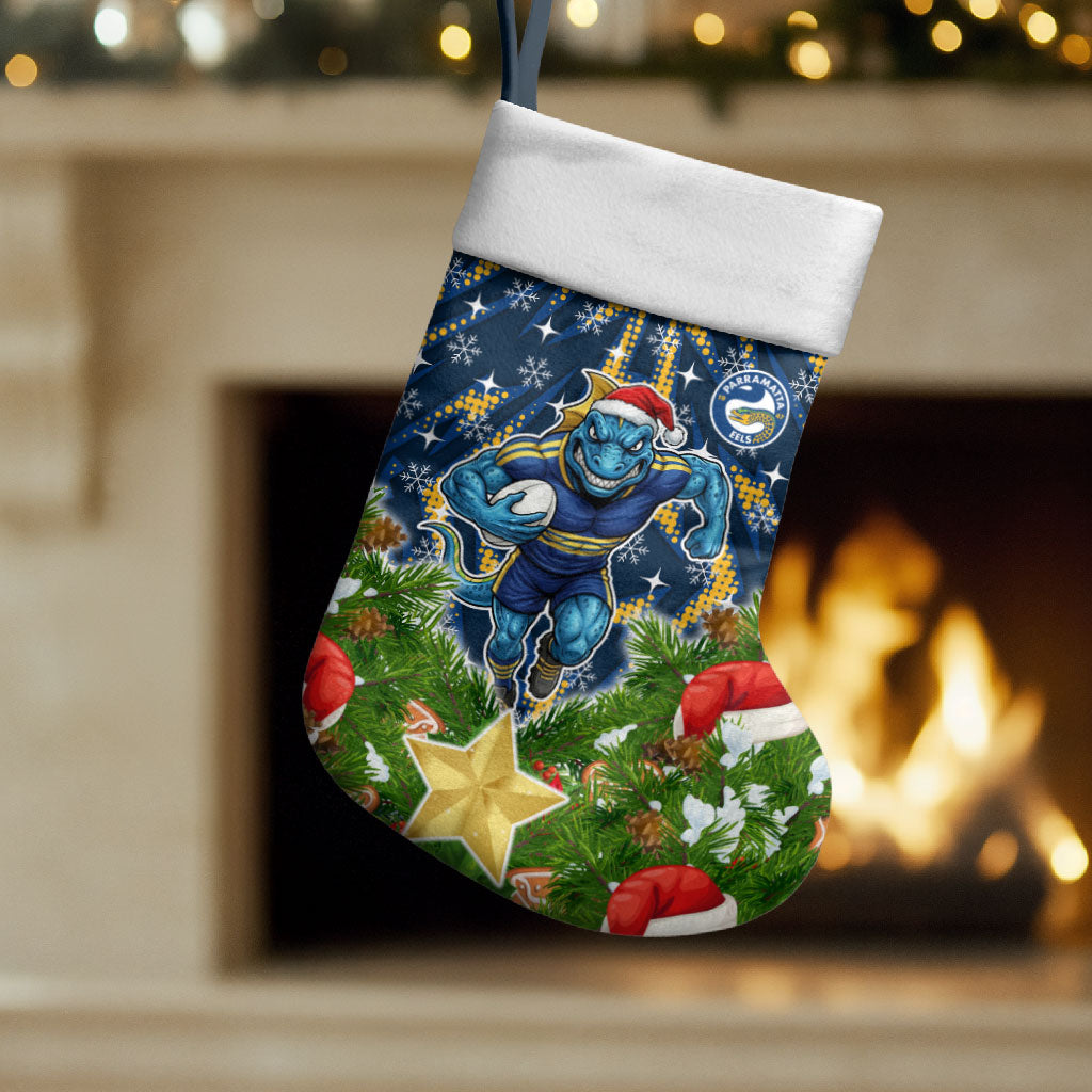 Parramatta Eels Rugby Christmas Stocking Santa Rugby Mascot - Pine Wreath Festive