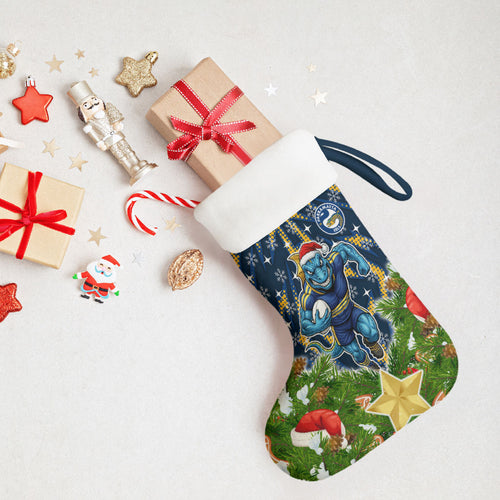 Parramatta Eels Rugby Christmas Stocking Santa Rugby Mascot - Pine Wreath Festive