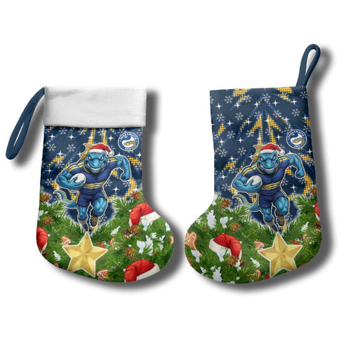Parramatta Eels Rugby Christmas Stocking Santa Rugby Mascot - Pine Wreath Festive