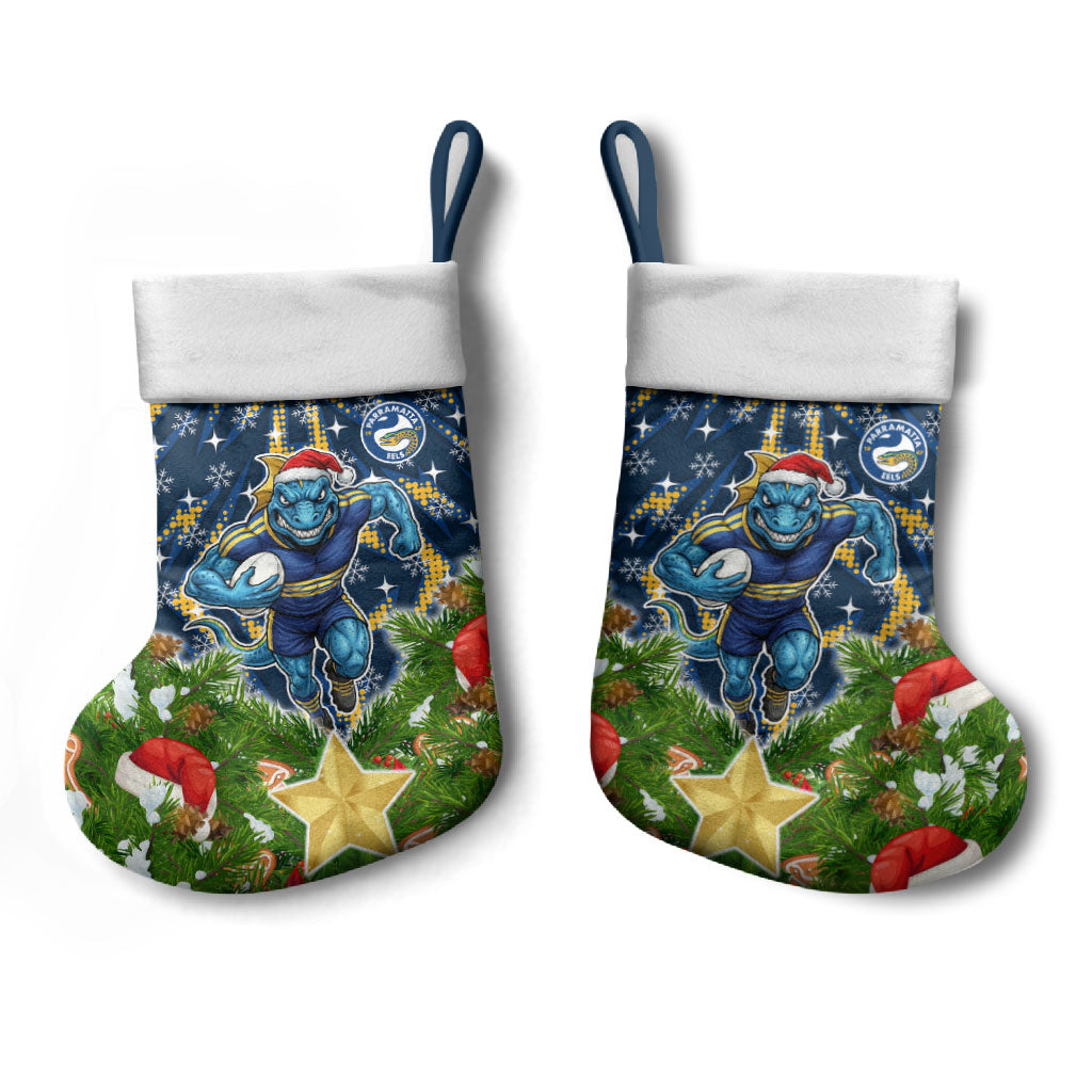 Parramatta Eels Rugby Christmas Stocking Santa Rugby Mascot - Pine Wreath Festive