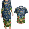 Personalised Parramatta Eels Rugby Christmas Couples Matching Long Sleeve Bodycon Dress and Hawaiian Shirt Santa Rugby Mascot - Pine Wreath Festive