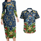 Personalised Parramatta Eels Rugby Christmas Couples Matching Long Sleeve Bodycon Dress and Hawaiian Shirt Santa Rugby Mascot - Pine Wreath Festive