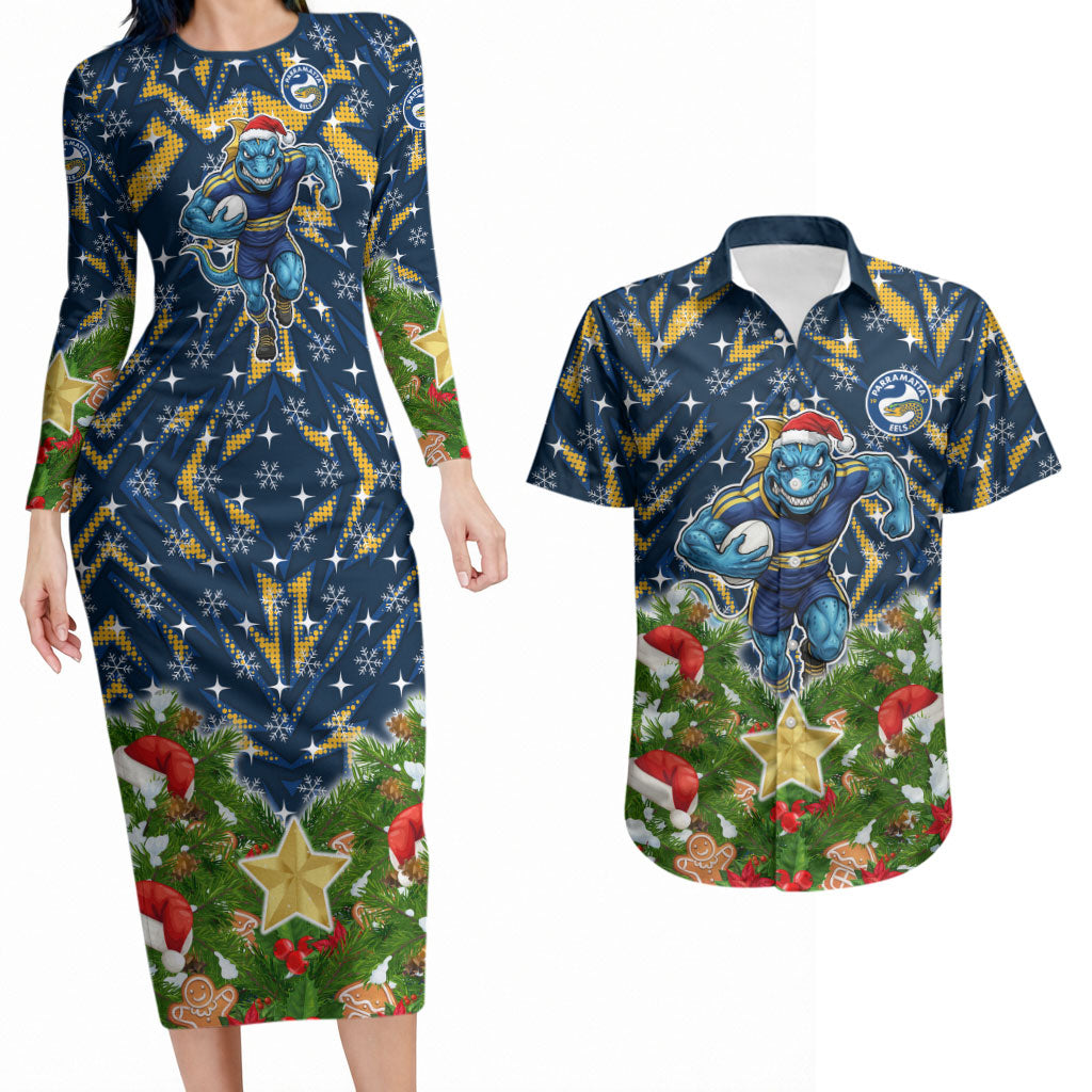 Personalised Parramatta Eels Rugby Christmas Couples Matching Long Sleeve Bodycon Dress and Hawaiian Shirt Santa Rugby Mascot - Pine Wreath Festive