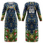 Personalised Parramatta Eels Rugby Christmas Couples Matching Long Sleeve Bodycon Dress and Hawaiian Shirt Santa Rugby Mascot - Pine Wreath Festive
