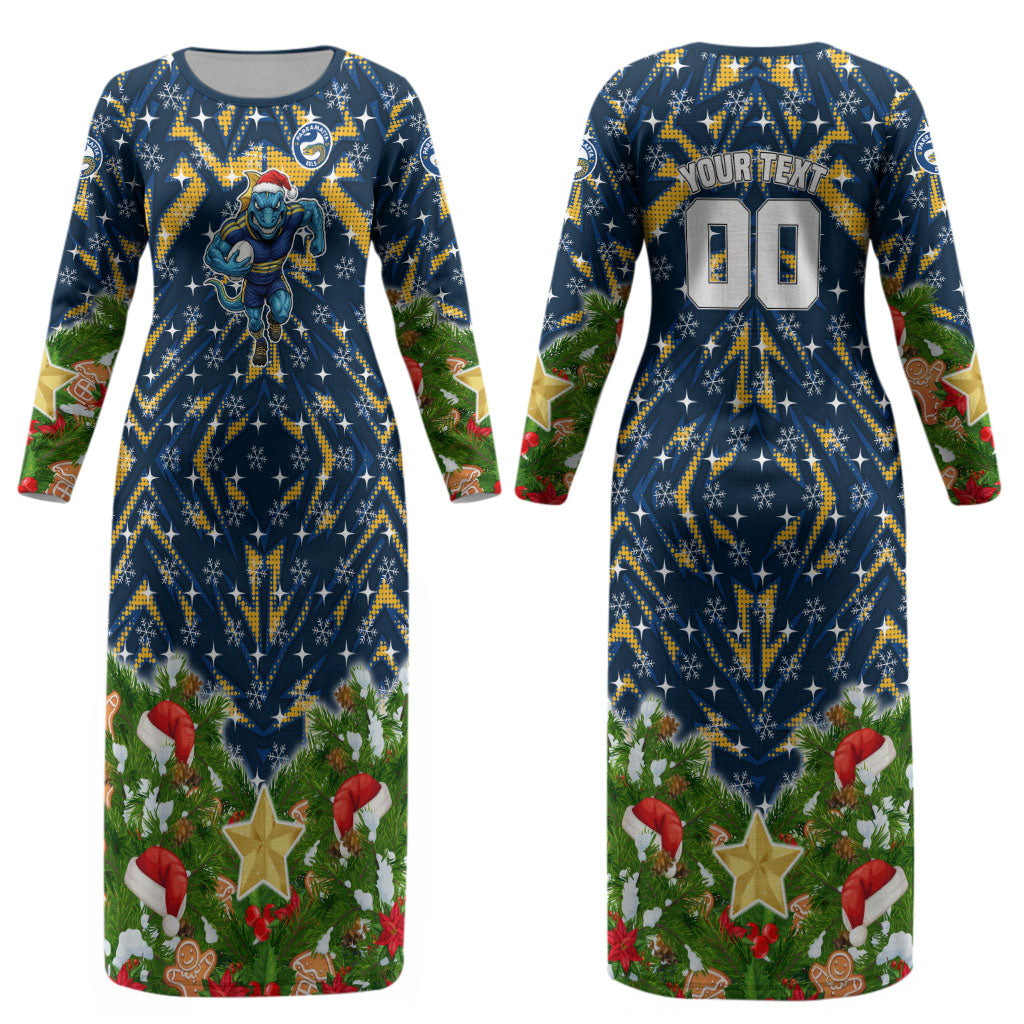 Personalised Parramatta Eels Rugby Christmas Couples Matching Long Sleeve Bodycon Dress and Hawaiian Shirt Santa Rugby Mascot - Pine Wreath Festive