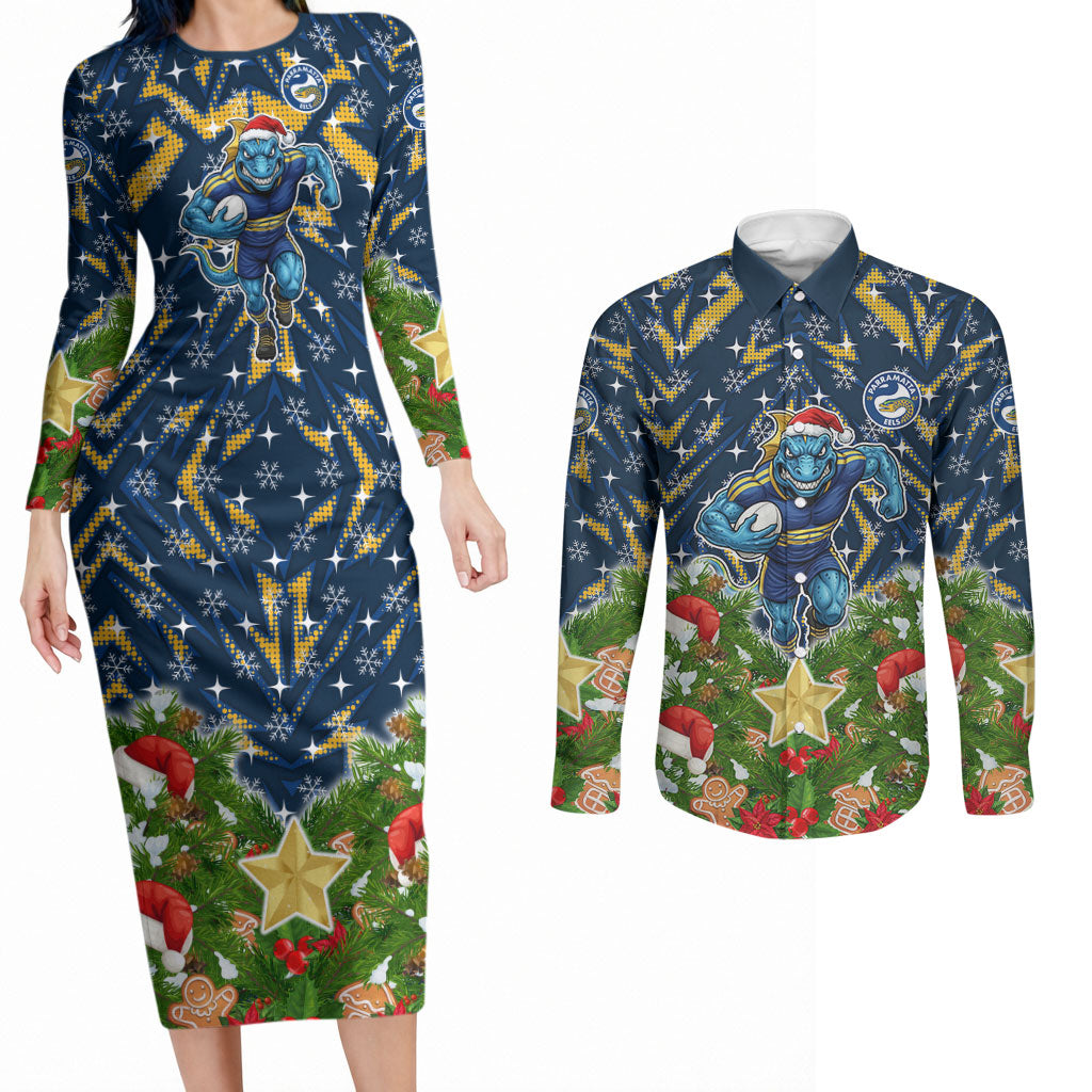 Personalised Parramatta Eels Rugby Christmas Couples Matching Long Sleeve Bodycon Dress and Long Sleeve Button Shirt Santa Rugby Mascot - Pine Wreath Festive