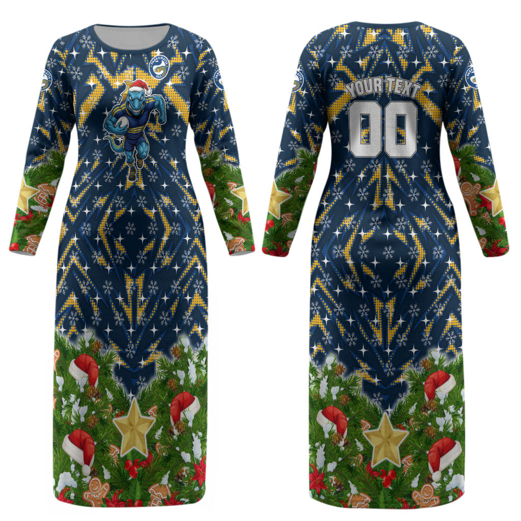 Personalised Parramatta Eels Rugby Christmas Couples Matching Long Sleeve Bodycon Dress and Long Sleeve Button Shirt Santa Rugby Mascot - Pine Wreath Festive
