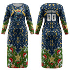 Personalised Parramatta Eels Rugby Christmas Couples Matching Long Sleeve Bodycon Dress and Long Sleeve Button Shirt Santa Rugby Mascot - Pine Wreath Festive