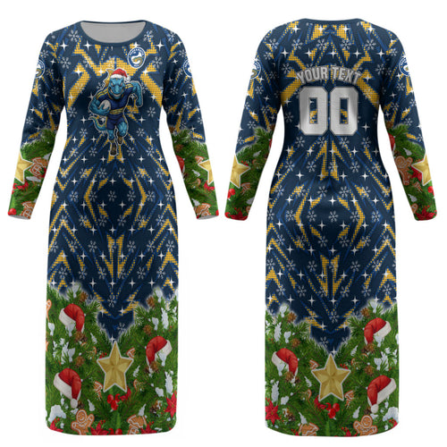Personalised Parramatta Eels Rugby Christmas Couples Matching Long Sleeve Bodycon Dress and Long Sleeve Button Shirt Santa Rugby Mascot - Pine Wreath Festive