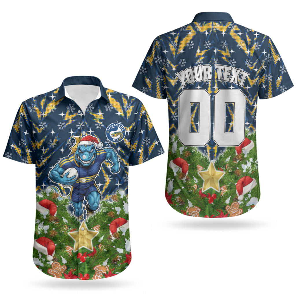 Personalised Parramatta Eels Rugby Christmas Couples Matching Mermaid Dress and Hawaiian Shirt Santa Rugby Mascot - Pine Wreath Festive