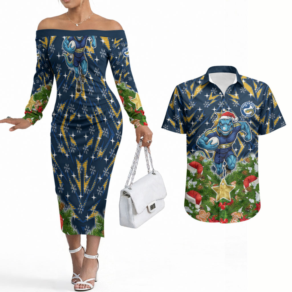 Personalised Parramatta Eels Rugby Christmas Couples Matching Off The Shoulder Long Sleeve Dress and Hawaiian Shirt Santa Rugby Mascot - Pine Wreath Festive