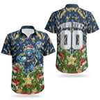 Personalised Parramatta Eels Rugby Christmas Couples Matching Off The Shoulder Long Sleeve Dress and Hawaiian Shirt Santa Rugby Mascot - Pine Wreath Festive