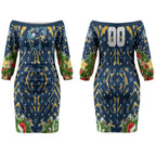 Personalised Parramatta Eels Rugby Christmas Couples Matching Off The Shoulder Long Sleeve Dress and Hawaiian Shirt Santa Rugby Mascot - Pine Wreath Festive