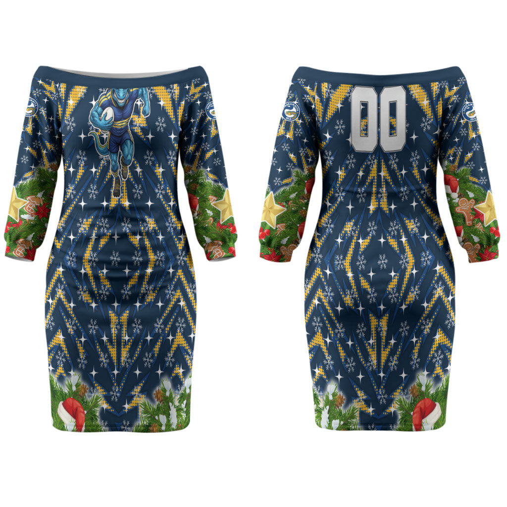 Personalised Parramatta Eels Rugby Christmas Couples Matching Off The Shoulder Long Sleeve Dress and Hawaiian Shirt Santa Rugby Mascot - Pine Wreath Festive