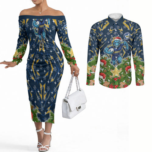 Personalised Parramatta Eels Rugby Christmas Couples Matching Off The Shoulder Long Sleeve Dress and Long Sleeve Button Shirt Santa Rugby Mascot - Pine Wreath Festive