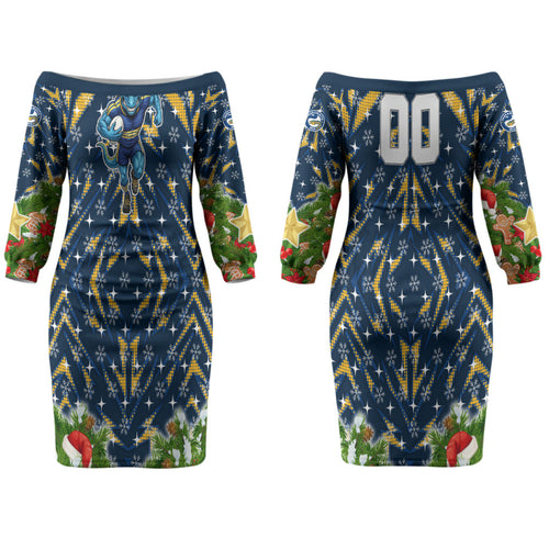 Personalised Parramatta Eels Rugby Christmas Couples Matching Off The Shoulder Long Sleeve Dress and Long Sleeve Button Shirt Santa Rugby Mascot - Pine Wreath Festive