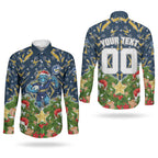 Personalised Parramatta Eels Rugby Christmas Couples Matching Puletasi and Long Sleeve Button Shirt Santa Rugby Mascot - Pine Wreath Festive