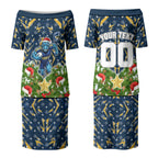 Personalised Parramatta Eels Rugby Christmas Couples Matching Puletasi and Long Sleeve Button Shirt Santa Rugby Mascot - Pine Wreath Festive