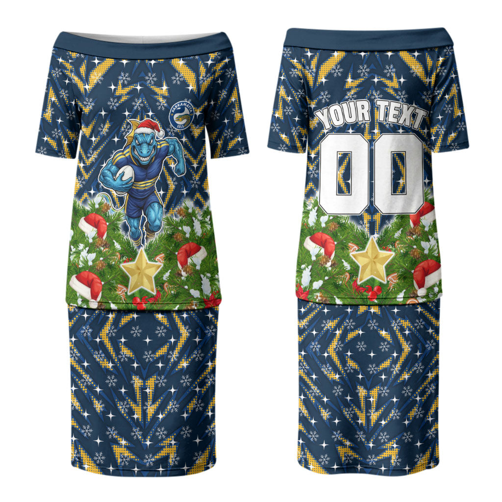 Personalised Parramatta Eels Rugby Christmas Couples Matching Puletasi and Long Sleeve Button Shirt Santa Rugby Mascot - Pine Wreath Festive