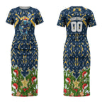 Personalised Parramatta Eels Rugby Christmas Couples Matching Short Sleeve Bodycon Dress and Long Sleeve Button Shirt Santa Rugby Mascot - Pine Wreath Festive