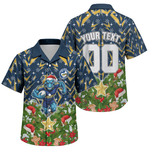 Personalised Parramatta Eels Rugby Christmas Family Matching Mermaid Dress and Hawaiian Shirt Santa Rugby Mascot - Pine Wreath Festive
