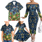 Personalised Parramatta Eels Rugby Christmas Family Matching Off The Shoulder Long Sleeve Dress and Hawaiian Shirt Santa Rugby Mascot - Pine Wreath Festive