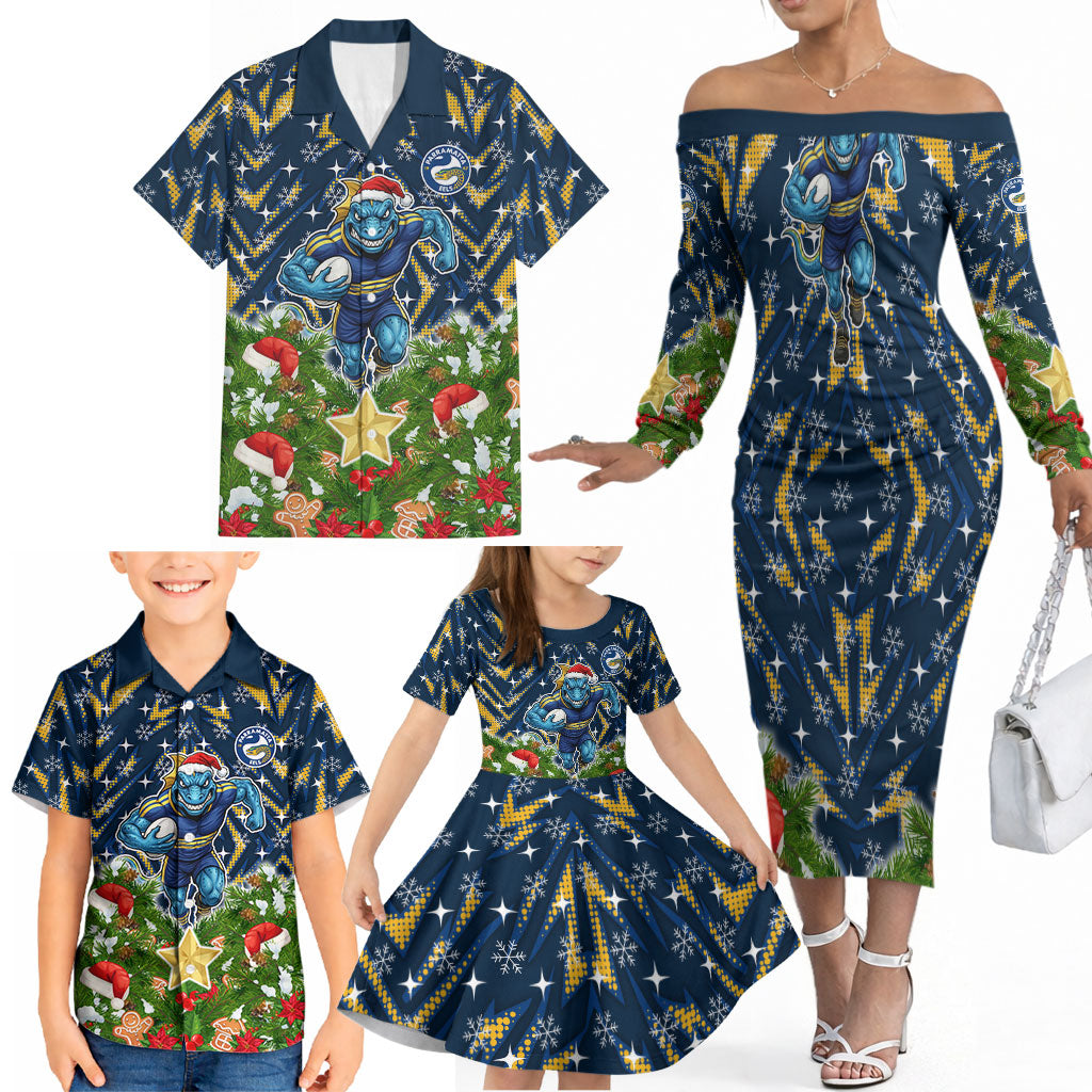 Personalised Parramatta Eels Rugby Christmas Family Matching Off The Shoulder Long Sleeve Dress and Hawaiian Shirt Santa Rugby Mascot - Pine Wreath Festive