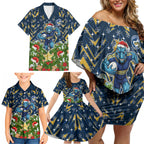 Personalised Parramatta Eels Rugby Christmas Family Matching Off Shoulder Short Dress and Hawaiian Shirt Santa Rugby Mascot - Pine Wreath Festive