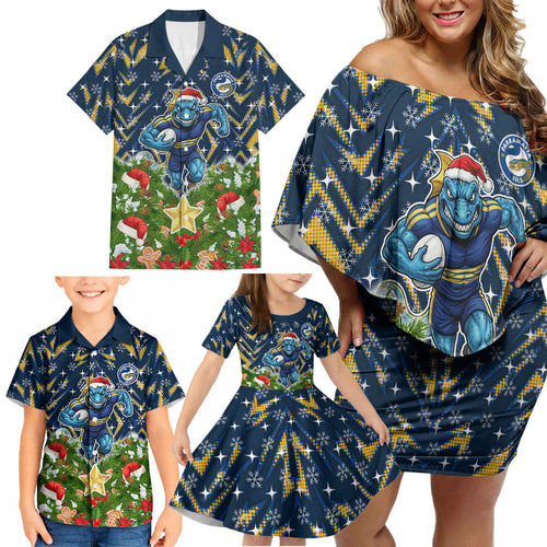Personalised Parramatta Eels Rugby Christmas Family Matching Off Shoulder Short Dress and Hawaiian Shirt Santa Rugby Mascot - Pine Wreath Festive
